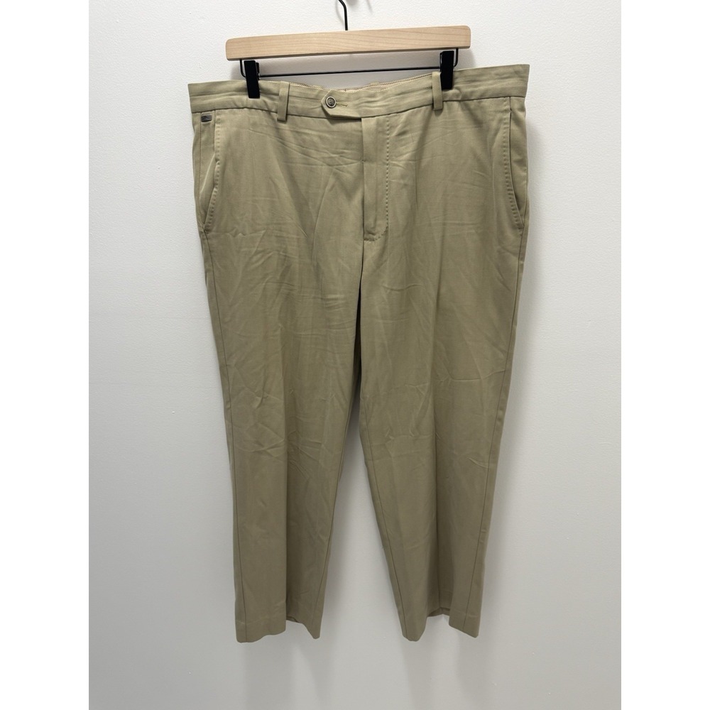 Tommy Bahama Mens Dress Pants 38x30 Beige Tan Silk Cotton Herringbone Flat Front